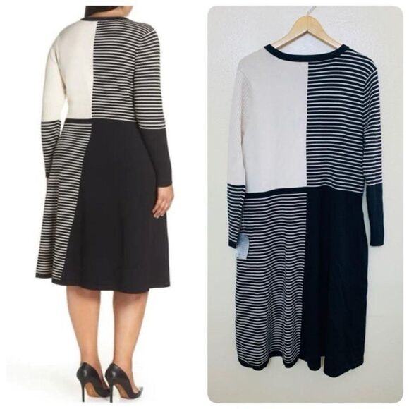 Eliza J Placed Stripe Midi Sweater Dress Plus Size 3X Ivory Black A Line - Picture 2 of 7